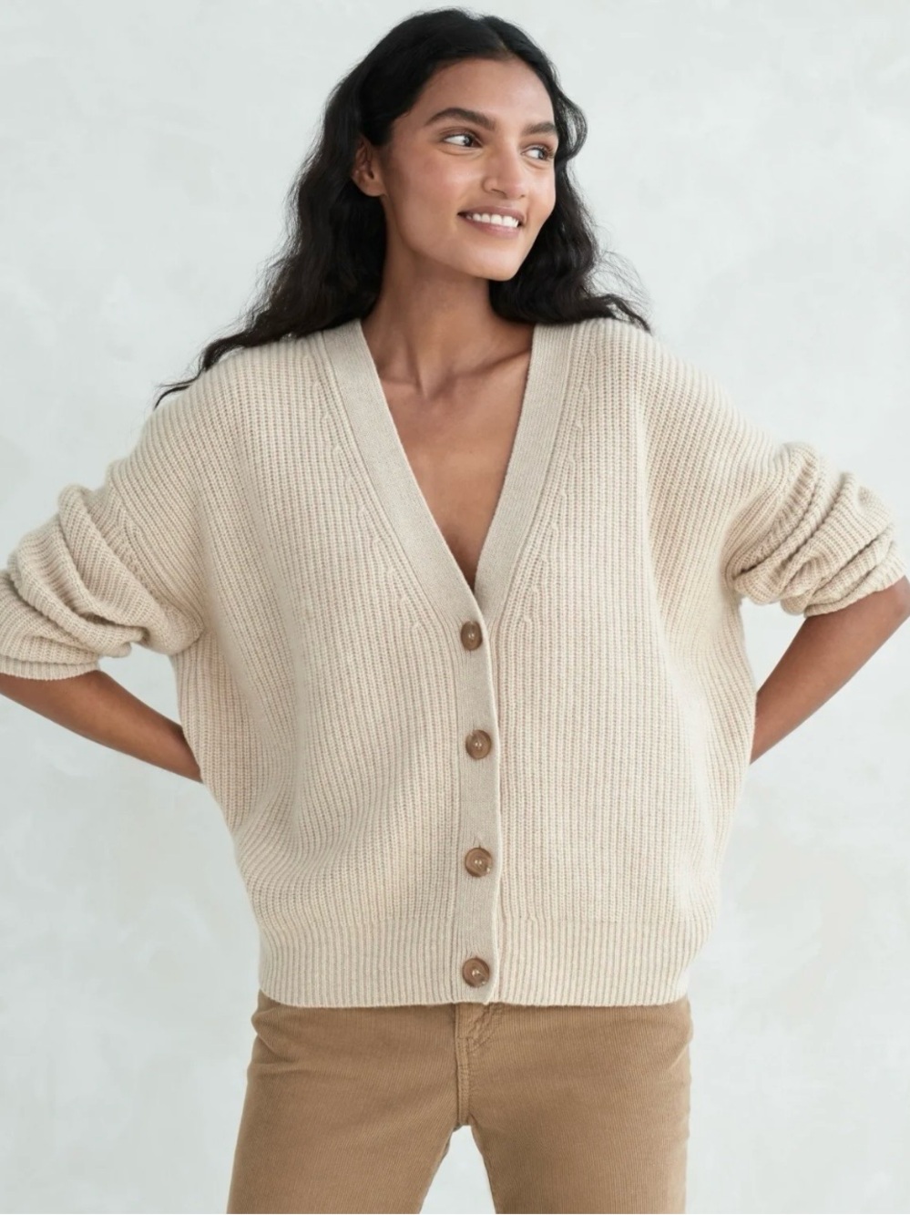 Aritzia Cream Button-Front V-Neck Cardigan